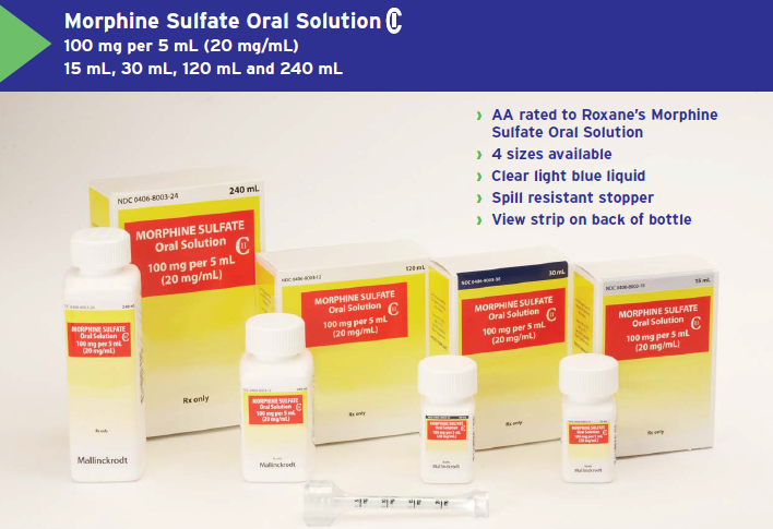 A set of five bottles of Morphine Sulfate Oral Solution C. The bottles are white with red and yellow labels and they are arranged in a row on a white background. <br /><br />On the left side of the image there is a yellow box with the text "100 mg per 5 ml (20 mg/ml) 15 ml 30 ml 120 ml and 240 ml" written on it. Next to the box there are two smaller bottles with the same text. On the right side it is a white box with a red label that reads "AA rated to Roxane's Morphine" and "4 sizes available. Clear light blue liquid. Spill resistant stopper. View strip on back of bottle."<br /><br />There is also a syringe next to the bottles which is likely used to administer the solution.