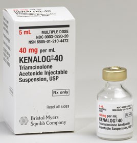 A white box with the text "5 ml" and "Multiple Dose" printed on it. Next to the box there is a small vial with a gold-colored cap. The vial is labeled "40 mg per mL" and has the label "KENALOG-40 Triamcinolone Acetone Injectable Suspension USP". The box also has the Bristol-Myers Squibb Company logo and the words "Read all sides" printed in black. The background is plain white.