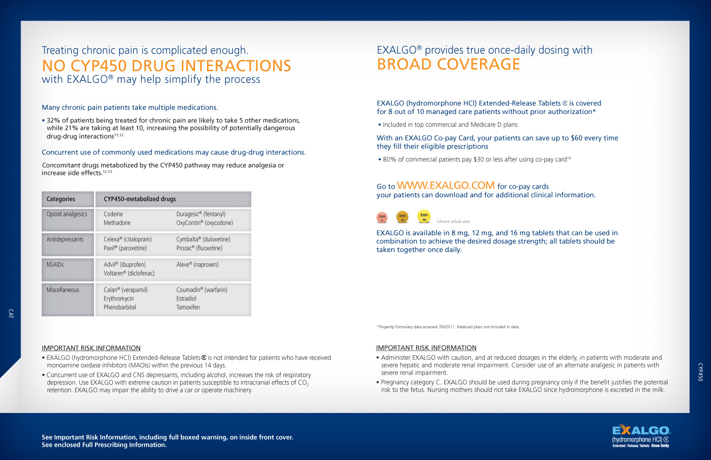 A brochure for Exalgo. The brochure has a white background with blue and orange text.<br /><br />The title for the left side of the brochure is "Treating chronic pain is complicated enough. No CYP450 drug interactions with Exalgo may help simplify the process." Below the title there is a header that reads "Many chronic pain patients take multiple medications." with a bullet point underneath it with more information. There is a table underneath that that shows common drugs and other drugs that may interact with them.<br /><br />The right side of the brochure has the title "Exalgo provides true once-daily dosing with broad coverage." The information below that discusses Exalgo coverage by top commercial and Medicare D plans information about the Exalgo co-pay card dosing information and important risk information.