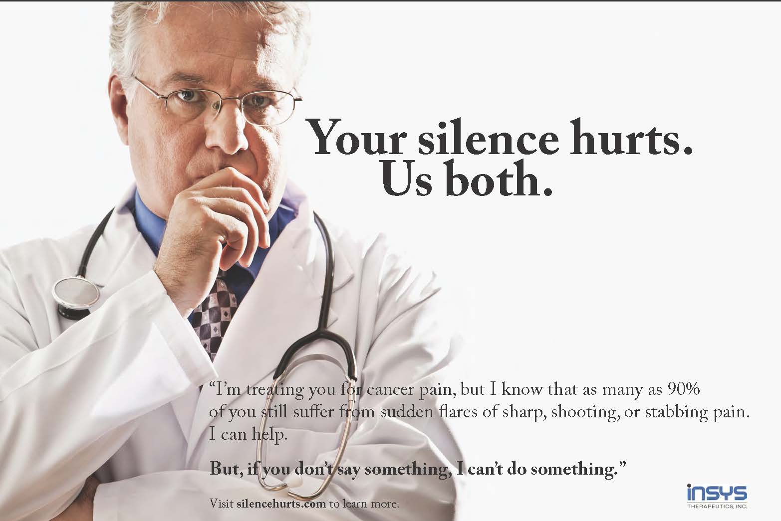 A portrait of a middle-aged man wearing a white lab coat and a stethoscope around his neck. He is sitting with his chin resting on his hand and appears to be deep in thought. The background is plain white. On the right side of the image there is a quote from a doctor that reads "Your silence hurts. Us both. I'm treating you for cancer pain but I know that as many as 90% of you still suffer from sudden flares of sharp shooting or stabbing pain. But if you don't say something I can't do something." The quote is written in black text on a white background.