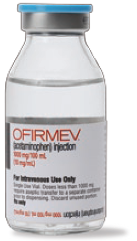 Of a white plastic vial with a blue lid. The vial is labeled with the brand name "OFIRMEV" in orange and black text. The label also mentions that the vial contains 100mg/ml of the product. The bottle appears to be new and unused. The background is plain white.