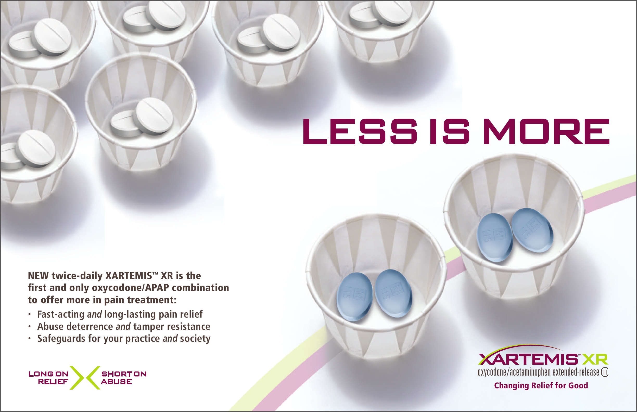 An advertisement for Xartemis XR. The advertisement features a group of white and blue pills in small white bowls. The bowls are arranged in a grid-like pattern with the pills spilling out of them. The background is white and the text on the image reads "LESS IS MORE" in bold black letters. Below the text there is a smaller text that reads "New twice-daily XARTEMIS XR is the first and only oxycodone/APAP combination to offer more pain treatment. Fast-acting and long-lasting pain relief. Safeguards for your practice and society." The advertisement also mentions that the product is designed to help reduce pain and discomfort.