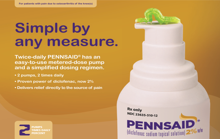 An advertisement for a product called "Pennsaid". The background is orange and the product is white. On the right side of the image there is a bottle of the product with a green caterpillar on top of it. The text on the image reads "Simple by any measure. Twice-daily Pennsaid has an easy-to-use metered-dose pump and a simplified dosing regimen. 2 pumps 2 times daily. Proven power of diclofenac now 2%. Delivers relief directly to the source of pain." The text also mentions that the product contains 2% of the solution.