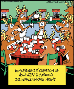 A cartoon illustration of a group of reindeer gathered around a table in a restaurant. The table is covered with a red tablecloth and there are several cups and saucers on it. The reindeers are all facing the same direction and appear to be engaged in a conversation. They are all wearing antlers and have different expressions on their faces. The background is green and there is a sign above the table that reads "Answering the question of how they fly around the world in one night."