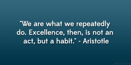 A quote by Aristotle that reads "We are what we repeatedly do. Excellence then is not an act but a habit." The quote is written in white text on a dark blue background. The text is in a simple sans-serif font and is centered on the image. The author's name is written at the bottom right corner of the image in a smaller font size.