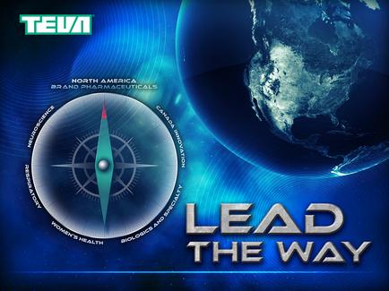 A digital graphic design with a blue background and a globe on the right side. The globe is in the center of the image with a compass rose in the middle. Around the compass rose there is text that reads "North America Brand Pharmaceuticals" and "Lead the Way". The text is in white and is in a modern sans-serif font. The overall design is simple and minimalist.