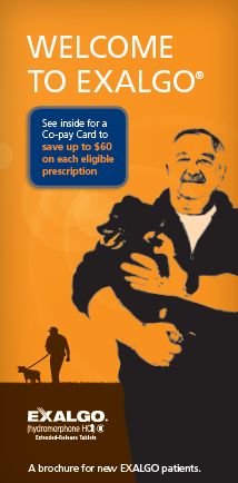 An advertisement for Exalgo. The background is orange and the text is in white. On the right side of the image there is an illustration of an elderly man holding a black dog in his arms. The man is wearing a blue shirt and has a big smile on his face. He is standing in front of a silhouette of a person walking a dog on a leash. The text on the image reads "Welcome to EXALGO" and "See inside for a Co-pay Card to save up to $60 on each eligible prescription." Below the illustration there are two smaller text boxes with the company's logo and contact information. The overall design of the advertisement is simple and modern.