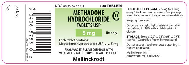 A label for a medication called Methadone Hydrochloride Tablets USP. The label is rectangular in shape and has a white background with black text. On the left side of the label there is a barcode and the product name "Mallinckrodt" in bold black letters. Below the barcode there are two lines of text that read "Exp. No. 1" and "NDC 0406-5755-01". <br /><br />The label also has a green border and a black and white image of a pill bottle on the right side. The text on the label states that the medication contains 5 mg of methadone hydrochloride.<br /><br />There is also a note on the bottom right corner that reads "Useful adult dosage: 2.6 mg to 3.5mg every 3-4 hours as necessary. See package insert for complete dosage recommendations. Keep tightly closed. Dispense in a tight light-resistant container (as defined in USP) with a child-resistant closure. Storage: Store at 20°C to 25°C (68°F to 77°F). See USP Controlled Room Temperature. Do not accept if seal over bottle opening is broken or missing. Pharmacist: Please dispense with medication guide provided with product."