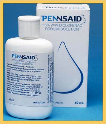 A white bottle of Pennsaid 1.5% W/W DICLOFENAC SODIUM SOLUTION. The bottle is 60ml in size and has a white cap. The label on the bottle is blue and white with the Pennsaid logo and the product name in bold black letters. Next to the bottle there is a white box with the same logo and product name. The box has a blue wave-like design on it. The background is a solid blue color.