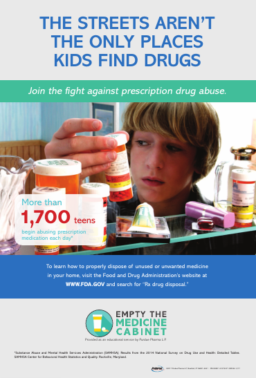 An advertisement for an empty medicine cabinet. It has a blue background with white text that reads "The streets aren't the only places kids find drugs. Join the fight against prescription drug abuse." <br /><br />In the center of the image there is a young boy sitting at a table with various prescription bottles and pills scattered around him. He is holding a prescription bottle in his hand and appears to be looking at it intently. The text on the image reads "To learn how to properly dispose of unused or unwanted medicine in your home visit the Food and Drug Administration website at www.EmptyTheMedicineCabinet.com."<br /><br />At the bottom of the advertisement there is a logo for "Empty The Medicine Cabinet."