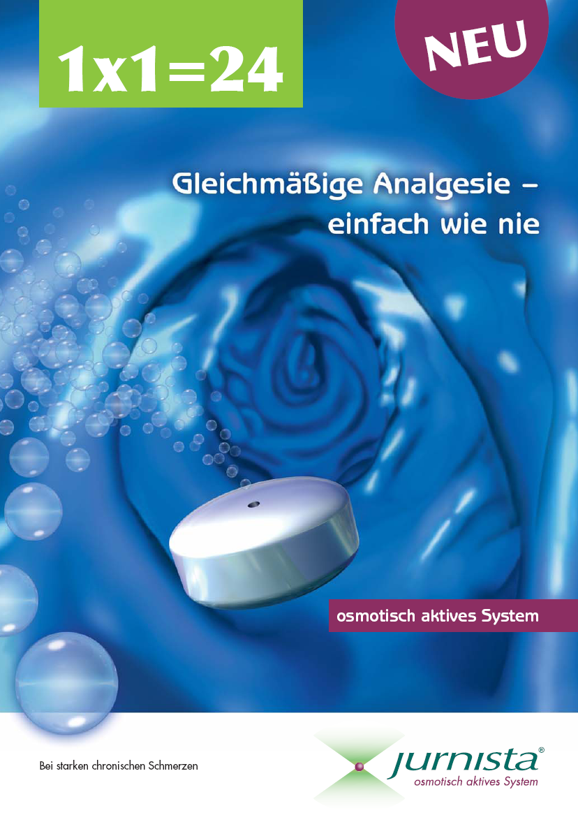 An advertisement for a product called "GleichmÃ¤ÃŸige Analgesie - einfach wie nie". The background of the image is a bluish white pill that appears to be under water. The text on the image reads "1x1=24" and has a logo for "Jurnista".