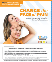 An advertisement for Exalgo with the tagline "Change the face of pain with the only 24-hour controlled-release hydromorphone." It says that there is a "free trial offer and $60 co-pay card inside". The background is white and orange with text in multiple colors. On the left side of the image there is a photo of a smiling woman with shoulder-length blonde hair wearing an orange shirt. It also includes Important Risk Information at the bottom.