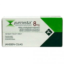 Of a white and green box of Jurnista 8mg tablets. The box is rectangular in shape and has a green and white color scheme. The front of the box has the brand name "Jurnista" written in bold black letters at the top followed by "8mg" in smaller black letters. Below that there is a description of the product which states that it contains 14 tablets. <br /><br />There is also a logo on the box that reads "JANSSEN-CILAG". The box appears to be new and unused.