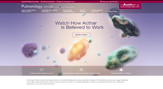 A screenshot of the homepage of the Pulmonology Center website. The website has a purple and white color scheme with the title "Watch How Acthar is Believed to Work" at the top. Below the title there is a navigation bar with links to different sections of the website. <br /><br />On the left side of the page there are three images of different types of bacteria including a purple cell a yellow cell and a green cell. The bacteria are arranged in a 3D-like pattern with the yellow cell in the center and the green cell on the right side. The background is a gradient of purple and blue with small white dots scattered throughout.<br /><br />At the bottom of the image there has a white banner with the website's logo and contact information. The overall design is modern and minimalistic with a focus on the bacteria and the text.