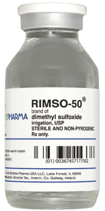 Of a small glass vial with a white label. The label has the brand name "RIMSO-50" written in bold black letters at the top followed by the product name "dimethyl sulfoxide" in smaller black letters. Below that there is a description of the product which states that it is a brand of dimethyl sulfuride irrigation USP sterile and non-pyrogenic Rx only. The vial has a silver-colored cap and a label with a barcode at the bottom. The background of the label is white.