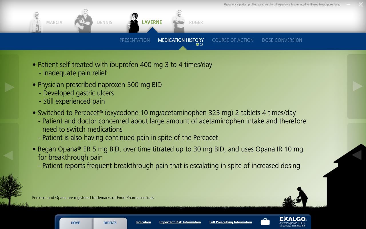 A screenshot of a presentation slide. It shows the medication history of an example patient named Lavern. Four bullet points explain her history of treating pain with four different medications. <br /><br />At the bottom right corner of the page there is a logo for Exalgo.