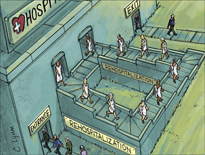 A cartoon illustration of a hospital corridor with a group of people walking up and down the stairs. The corridor is made of concrete and has a sign that reads "Hospital" on the left side with a red cross above it. On the right side there is an exit sign with the word "Exit" written on it. Below the exit sign there are two signs that read "Rehospitalization" and "Entrance". The people in the corridor appear to be walking towards the entrance of the hospital. The image is drawn in a cartoonish style with bright colors and exaggerated features.