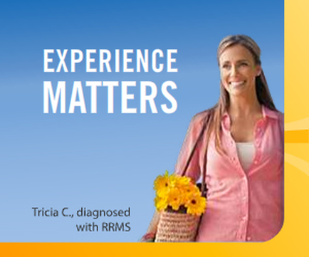A cover of a book titled "Experience Matters" by Tricia C. diagnosed with RMRMS. The cover features a photo of a woman with long blonde hair wearing a pink blouse and holding a basket of yellow flowers. She is smiling and looking directly at the camera. The background is a light blue color. The title of the book is written in white text on the top left corner of the cover.