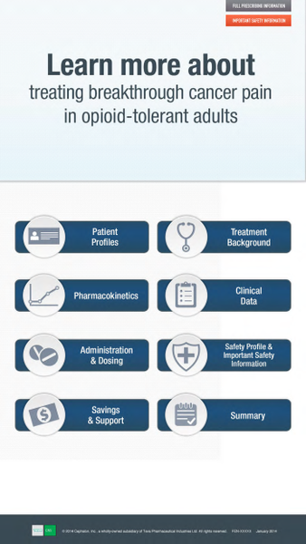 A screenshot of a webpage titled "Learn more about treating breakthrough cancer pain in opioid-tolerant adults". The webpage has a white background with a blue header and footer. At the top of the page there is a title that reads "Full Prescription Information" in bold black font. Below the title there are six icons arranged in a grid-like pattern. The first icon on the top left corner is a blue circle with the text "Patient Profiles" in white font. The second icon is a white circle with a medical symbol inside it. The third icon is an icon of a stethoscope. The fourth icon is of a computer monitor with the word "Pharmacokinetics" written on it. There are also six icons below the icons: - Patient Profiles Treatment Background Clinical Data Administration & Dosing Safety Profile & Important Safety Information Savings & Support and Summary. These icons represent different aspects of treatment for opioid-related cancer pain.