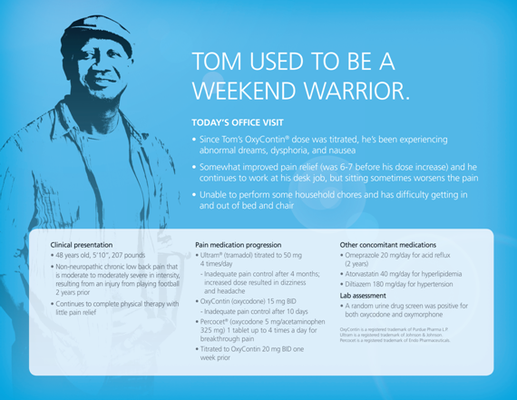 An infographic that explains Tom's use to be a weekend warrior. It has a blue background with a photo of Tom on the left side and text on the right side. The text reads "Today's office visit" and "Tom used to be weekend warrior." <br /><br />Below the photo there is a list of medical information about Tom including his clinical presentation pain medication progression and other common medications. The list includes details such as his age height weight and physical therapy.<br /><br />At the bottom of the infographic there are two bullet points that explain Tom's experience in the field of pain management. The first bullet point mentions that he has been experiencing abdominal pain while the second bullet point discusses his experience with pain management and how he can improve his overall health and wellbeing.