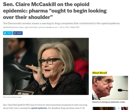 A screenshot of a news article from the German newspaper "The Democratic Senate issues a warning to drug companies that contributed to the opioid epidemic: "Opioid epidemic: dharma" ought to begin looking over their shoulder." On the left side of the image there is a photo of Senator Claire McCaskill who is sitting at a table with a microphone in front of her. She is wearing a black blazer and glasses and appears to be speaking into the microphone. On the right side there are two other photos of her one of a man in a suit and tie and the other of a woman in a red dress. The text on the image is in black and white and is accompanied by a caption that reads "Most Read."