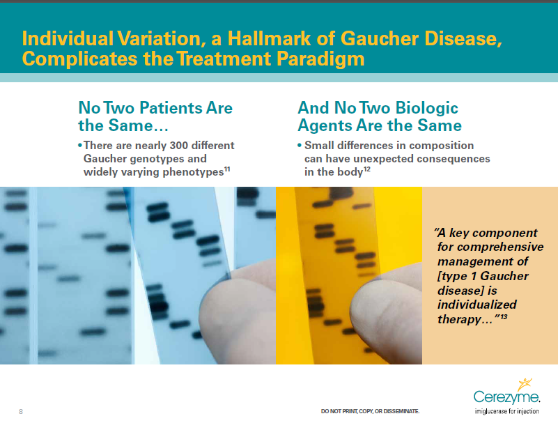 A slide from a presentation on individual variation a Hallmark of Gaucher Disease which complicates the treatment paradigm. The slide has a blue background with white text. On the left side of the slide there are three rows of test strips with black dots on them. The test strips are arranged in a grid-like pattern. <br /><br />On the right side there is a yellow ruler with black lines on it. The ruler is being used to measure the thickness of the test strips. The text on the slide reads "No Two Patients Are the Same... There are nearly 300 different Gaucher genotypes and widely varying phenotypes."<br /><br />The slide also has a title that reads "And No Two Biologic Agents Are the same. Small differences in composition can have unexpected consequences in the body." Below the title it says "A key component for comprehensive management of type 1 Gaucher disease is individualized therapy."