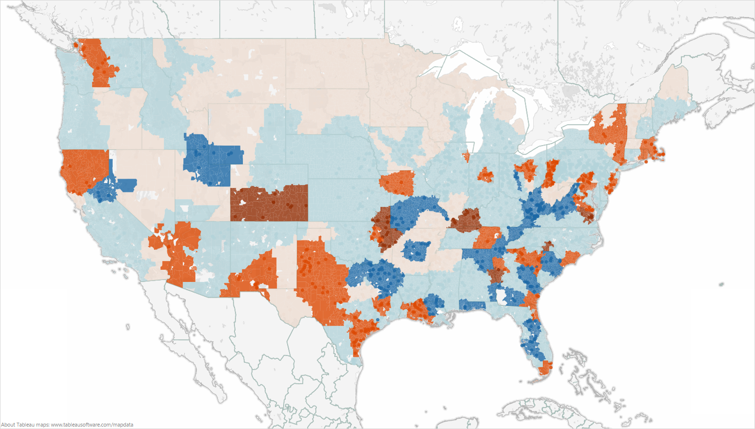 A color-coded map of the continental United States with geographic areas marked in various shades of blue or orange. The states counties and cities are not labeled but the data does appear to be on the county level. There is no legend to explain the significance of the data.