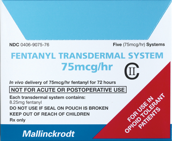 A product label for a Fentanyl Transdermal System. The label is rectangular in shape and has a blue background with white text. The text on the label reads "Fentanyl Transdermal System 75mg/hr" in bold capital letters. Below the text there is a description of the product which states that it is in vivo delivery of 75mg /hr fentanyl for 72 hours and is not for acute or postoperative use. <br /><br />The label also mentions that the product contains 8.25mg fentanyl and to not use if seal on pouch is broken. There is also a note that says "Keep out of reach of children" and "For use in opioid tolerant patients". The label also has a logo of Mallinckrodt a pharmaceutical company in the bottom right corner.