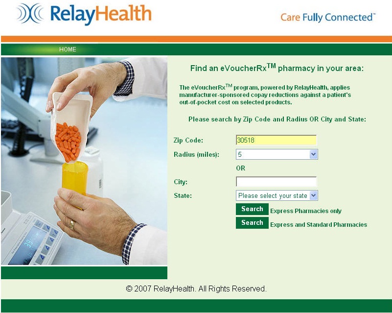 A screenshot of a webpage for RelayHealth. The page has a green and white color scheme. On the left side of the page there is an image of a person's hand holding a small container of orange pills being dumped into a prescription pill bottle. The page is titled "Find an eVoucherRX pharmacy in your area."<br /><br />Below is a form where a user can enter their zip code a radius a city or state to search for express and standard pharmacies.