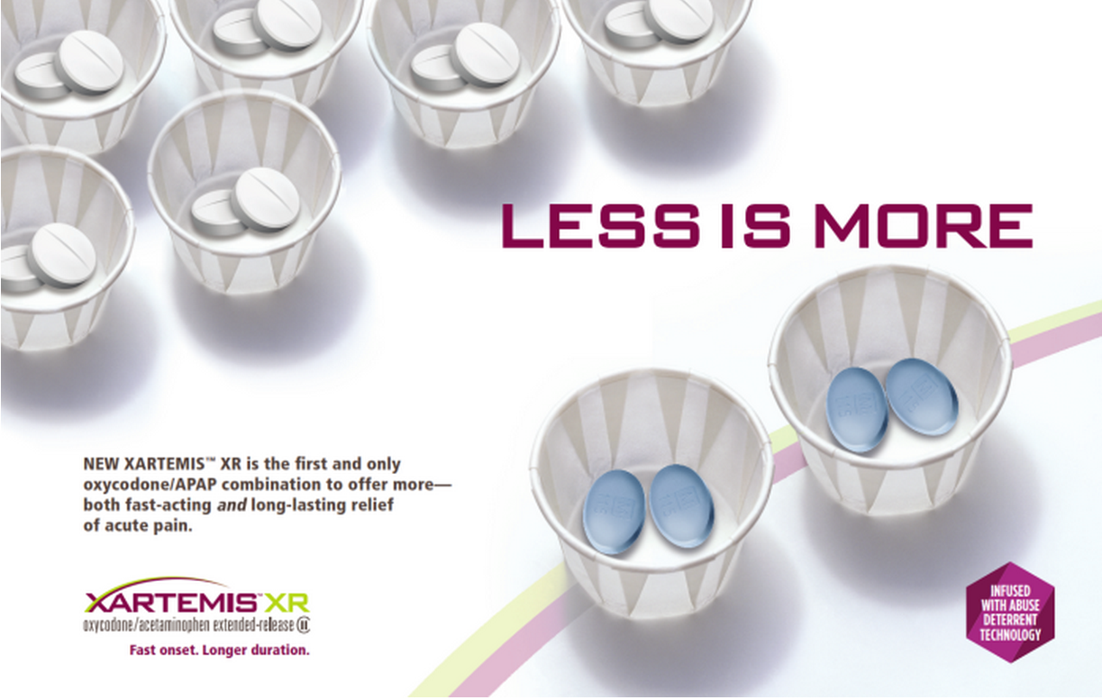 A group of white and blue pills in small white bowls. The bowls are arranged in a scattered manner with some of the pills spilling out of them. The background is white and there is a pink and purple gradient on the right side of the image. On the left side there is text that reads "Less is more" and "New Xartemis XR is the first and only oxycodone/APAP combination to offer more-both fast-acting and long-lasting relief of acute pain." The text is in a bold sans-serif font and is centered on the image with the Xartemis logo in the bottom right corner.