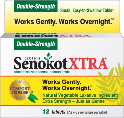 A product packaging of Senokot XTRA tablets. The packaging is rectangular in shape and has a white background with green and yellow accents. The top of the packaging has the brand name "Double-Strength" written in bold black letters followed by the product name "Works Gentle Works Overnight" in smaller black letters. Below that there is a description of the product which states that it is a small easy-to-swallow tablet with a standardized senna concentrate. <br /><br />The bottom of the package has the product's logo which is a green leafy design and the words "Purified Comfort Promise" in yellow letters. The label also mentions that the tablets are natural vegetable laxative ingredient and are extra strength just as gentle. The package contains 12 tablets.