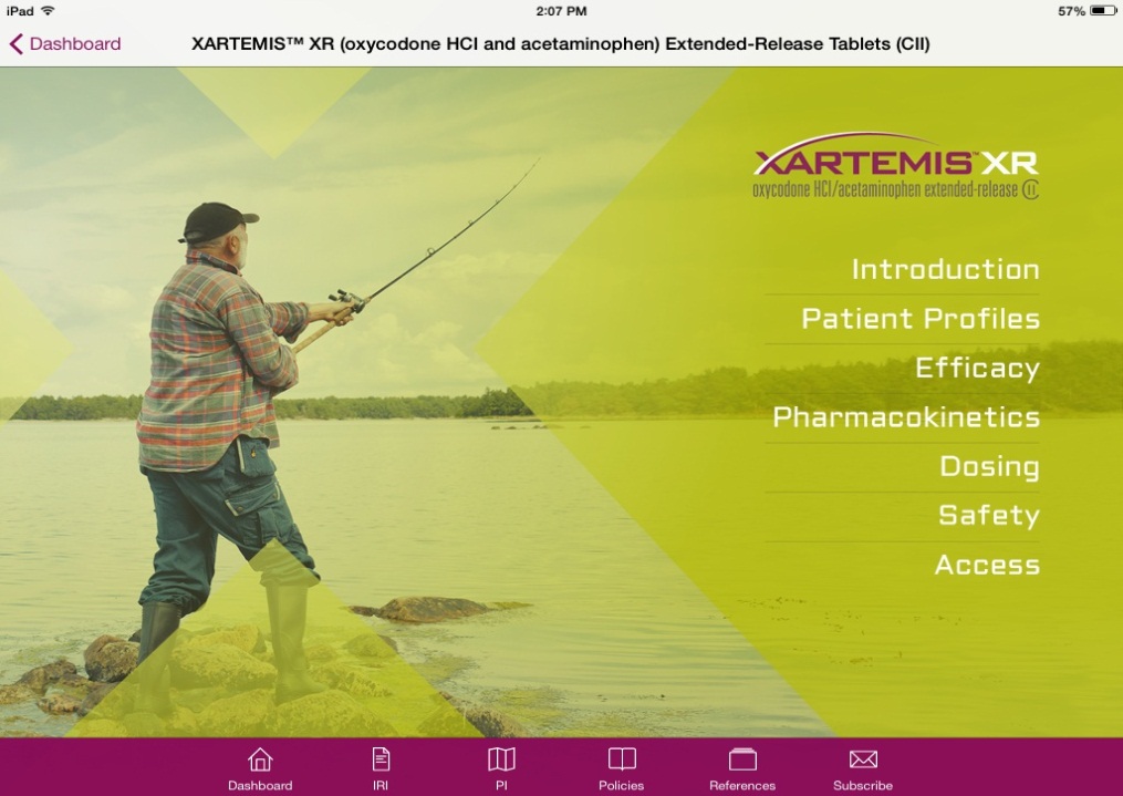 A screenshot of a webpage for XARTEMIS XR. The website has a yellow background with a photo of a man fishing on a lake. The man is wearing a plaid shirt jeans and a cap and is holding a fishing rod in his right hand. He is standing on a rocky shore with the water lapping at his feet. The sky is blue and there are trees in the background. On the right side of the image there is text that reads "Introduction Patient Profiles Efficiency Pharmacokinetics Dosing Safety Access". Below the text there are various icons and information about the website.