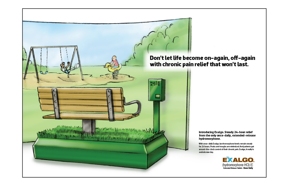 A cartoon illustration of a park bench with a swing set in the background. The bench is made of wood and has a green base with a metal frame. On the right side of the bench there is a sign that reads "Don't let life become on-again off-again with chronic pain relief that won't last." On the left side there are two children playing on the swing set one is sitting on a yellow swing and the other is standing on the ground. The background shows a grassy field with trees and a blue sky.