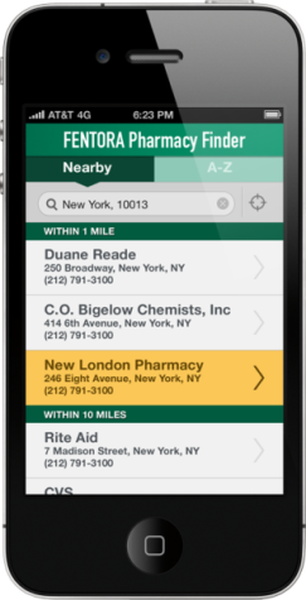 A screenshot of the mentor Pharmacy Finder app on an iPhone. The app is displayed on the screen with a green and white color scheme. The top of the screen has the ape's logo and the time "6:23 PM" at the top. Below the logo there is a search bar with the text "Nearby" and "A-Z". Below the search bar there are three options - "New York 10013" "Duane Reade" "C.O. below Chemists Inc" and "New London Pharmacy". The options are arranged in a grid-like format with each option having a title and a brief description. The first option is "Within 1 Mile" and the second option is for "Rite Aid". The third option is a list of "Within 10 Miles" options. The app appears to be a mobile app that allows users to search for specific pharmacy locations in New York City.