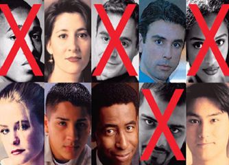 A collage of nine different faces of people with red X marks on them. The faces are arranged in a grid-like pattern with each face facing the same direction. The X marks are in the center of the image with the letters "X" in red. The background is black and the faces are of different ages genders and ethnicities. The people in the image appear to be of different ethnicities including men women and children. Some of the faces have serious expressions while others are looking directly at the camera. The overall tone of the collage is dark and moody.