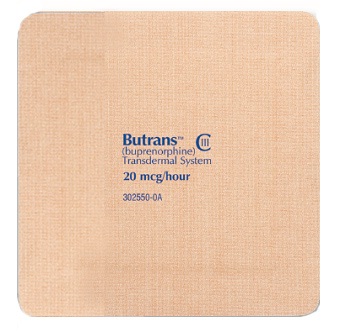 A square-shaped label with a light beige background. The label has the brand name "Butrans" written in blue in the center followed by the product name "Buprenorphine Transdermal System" in smaller blue letters. Below the brand's name there is a description of the product which states that it is a 20 mg/hour bandage. The bandage is 302550-0A in size.