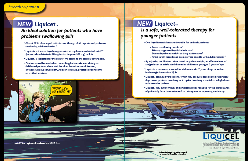 An advertisement for Liquicet with the tagline "New Liquicet : an ideal solution for patients with problems swallowing pills." It explains that Liquicet is "Smooth on patients" and "Is a safe well-tolerated therapy for younger patients". It includes a color drawing of a speedboat with Liquicet branding racing across a body of water. The background is primarily orange and yellow with text in blue and black. The logo for Liquicet is in the bottom right corner.