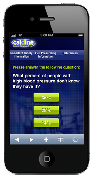 A screenshot of a mobile phone screen from the Caldwell Safety Full Prescribing app. The screen displays a blue background with white text. At the top of the screen there is a blue banner with the Caldwell logo and the date "5:08 PM". Below the banner there are two options - "Important Safety" and "Full prescription Information". The first option is "Please answer the following question: What percent of people with high blood pressure don't know they have it?". The second option is a green bar with the text "35%" "28%" and "14%". There is also a white arrow pointing to the right indicating that the user can click on it to answer the question.