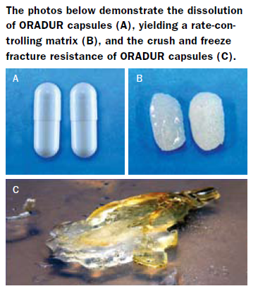 A data visualization consisting of three photographs with the caption "The photos below demonstrate the dissolution of ORADUR capsules (A) yielding rate-controlling matrix (B) and the crush and freeze fracture resistance of ORADUR capsules (C)." The background is white with text in black.