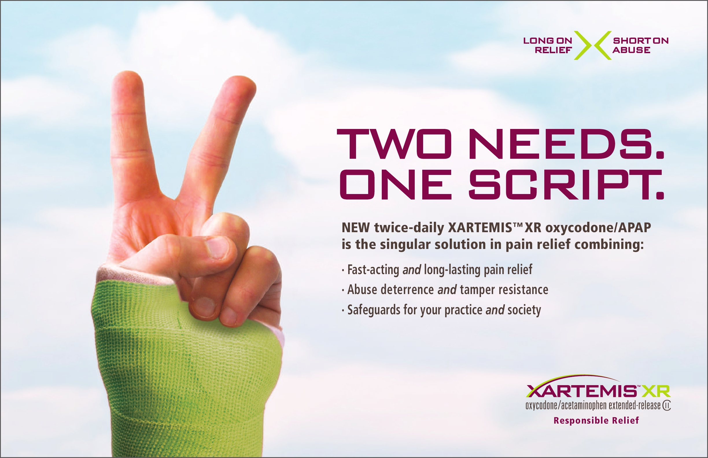 An advertisement for Xartemis XR with the taglines "Two needs. One script. New twice-daily Xartemis XR (oxycodone/APAP) is the singular solution in pain relief" and "Long on relief short on abuse". It includes a photograph of a hand holding up two fingers with the lower part of the hand and the wrist below enclosed by a green cast. Product benefits include : "Fast-acting and long-lasting pain relief"; "Abuse determination and tamper resistance"; and "Safeguards for your practice and society" (with the "and" always in italics for emphasis). The background approximates a light blue sky with wispy clouds with text in purple and black. Includes the logo of Xartemis XR in the bottom right corner.