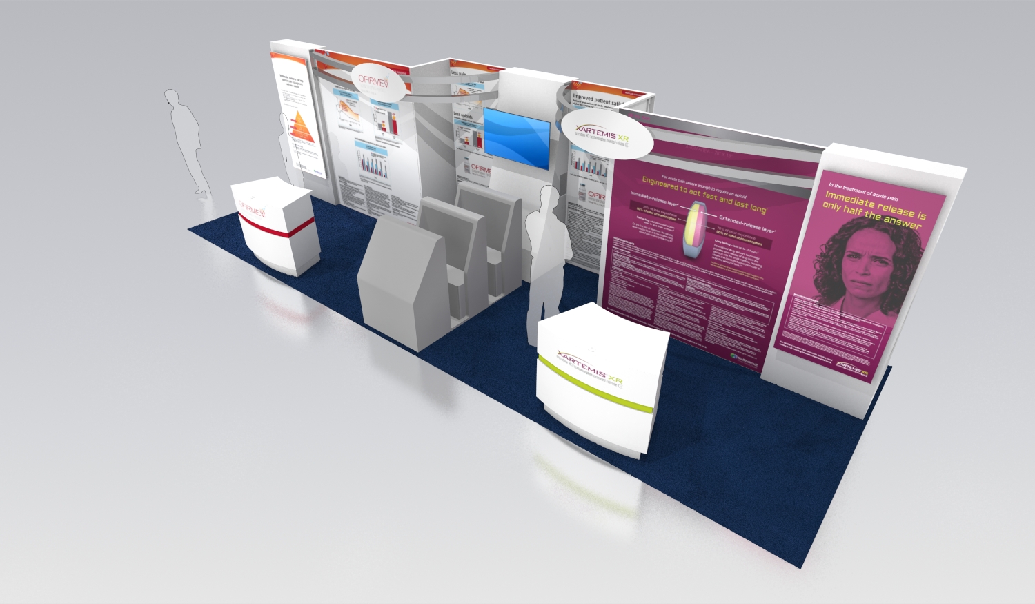 A 3D rendering of a trade show booth with a blue carpeted floor. The booth is divided into three sections each with a different design and color scheme. On the left side of the booth there is a large banner with a pink and white design and on the right side there are two smaller banners with a picture of a woman's face and text. <br /><br />There are also several white boxes and a white pedestal on the floor which are likely used for displaying information about the booth. The booths are arranged in a way that creates a visually appealing display.<br /><br />The overall design of the booths is modern and professional with a focus on the woman in the picture and the text on the banners. The overall color scheme is predominantly pink white and blue with some hints of green and yellow.