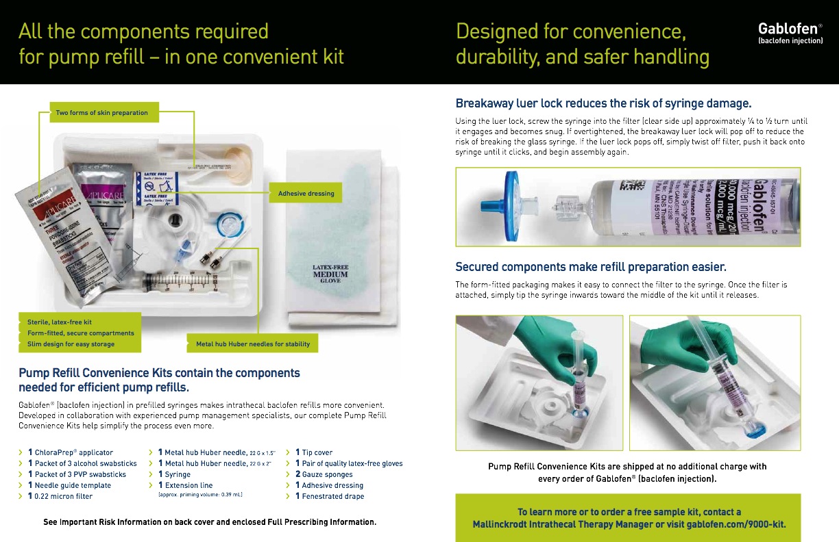 An advertisement for a Gablofen (baclofen injection) with the tagline "All the components required for pump refill - in one convenient kit" and "Designed for convenience durability and safer handling." <br /><br />It includes a photograph of the kit with each constituent piece labeled a close-up photograph of the breakaway luer lock on the syringe and two photographs demonstrating the process for refill preparation. The background is white and black with text in black green and blue. Includes a website address in the bottom right corner.