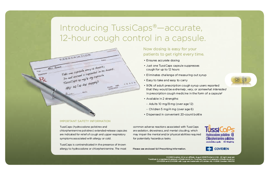 An advertisement for TussiCaps a 12-hour cough control in a capsule. The background is a light green color and the text is in black. On the left side of the image there is a small illustration of a pen and a piece of paper with instructions on how to use the capsule. <br /><br />On the right side there are two bullet points that explain the benefits of using the capsule and how it can be used to control the cough. The first bullet point explains that the capsule is easy for your patients to get right every time. The second bullet point mentions that it is a safe and effective way to prevent coughs.<br /><br />At the bottom right corner of the advertisement there has a logo for the company and a brief description of the product. The text also mentions that the product is available in a variety of sizes and colors.