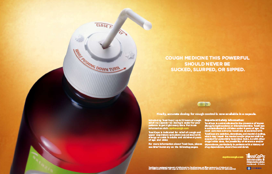 An advertisement for a cough medicine product. It features a bottle of red liquid with a white cap and a white straw. The bottle is placed on an orange background. On the right side of the image there is text that reads "Cough medicine this powerful should never be sucked slurped or sipped." Below the text there are two bullet points that explain the benefits of the product. The text is written in black font and is centered on the image.