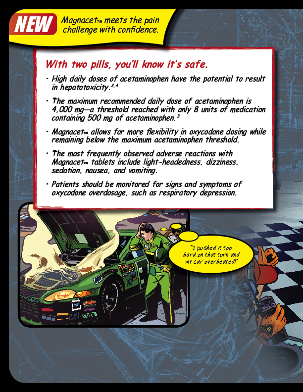 An illustrated advertisement for Magnacet with the taglines "New Magnacet meets the pain challenge with confidence" and "With two pills you'll know it's safe". The drawings are auto racing-themed : a driver in a racing suit looking at an overheating car with its hood up a pit crew member with a walkie talkie checkered flags etc. The text explains product benefits in the form of a bullet point list. 