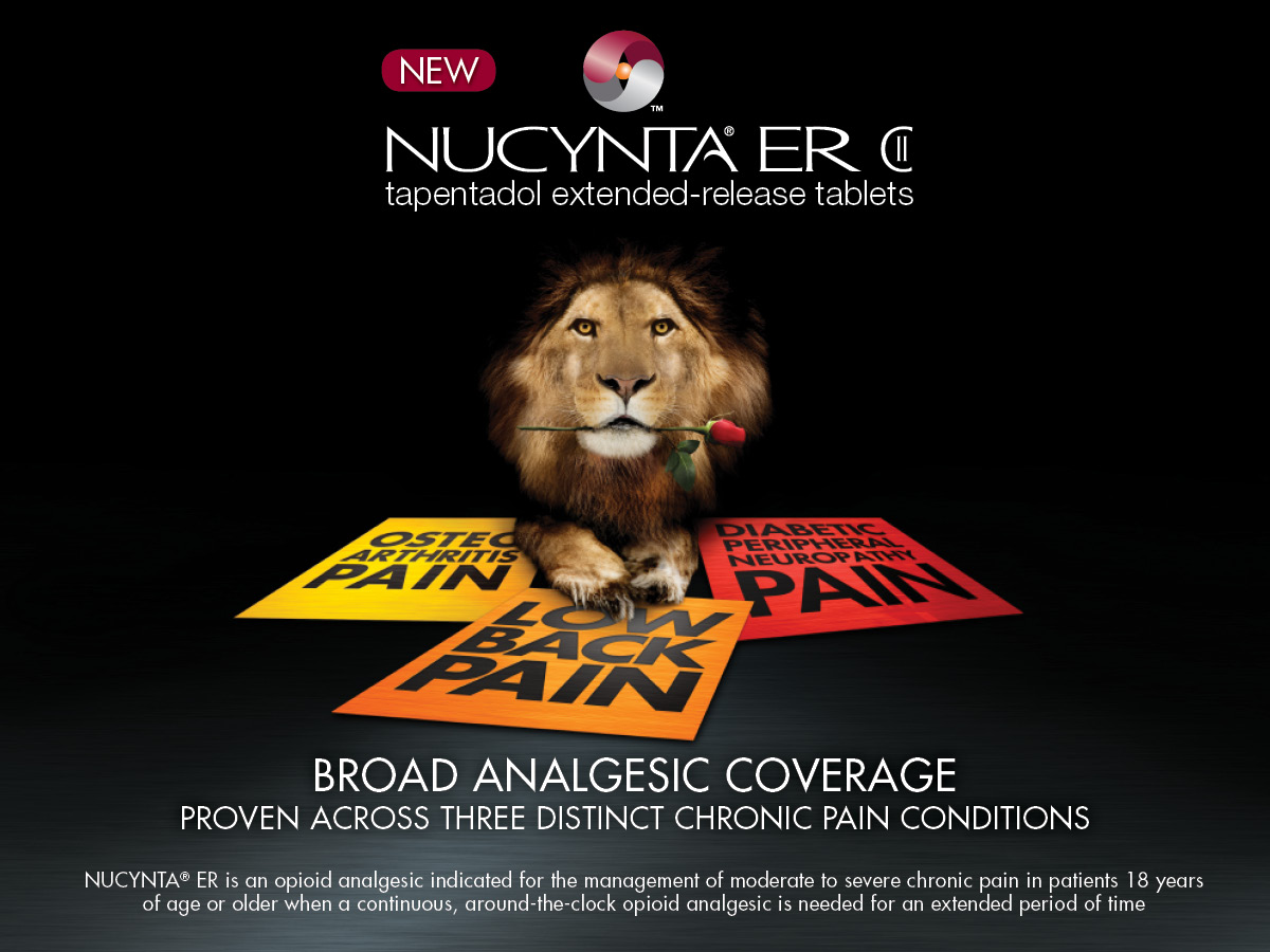 An advertisement for Nucynta ER a brand of tapentadol extended-release tablets. The background is black and the text is in white and red. In the center of the image there is a lion with a red rose in its mouth. The lion is sitting on top of three red and yellow boxes with the words "Low Back Pain" written on them. The boxes are arranged in a triangular formation. The text on the boxes reads "Broad Analgesic Coverage" and "Proven across three distinct chronic pain conditions". The text below the lion reads "NUCYNTA ER" in white letters. The logo of the brand is also visible in the top left corner. The overall design of the advertisement is modern and eye-catching.