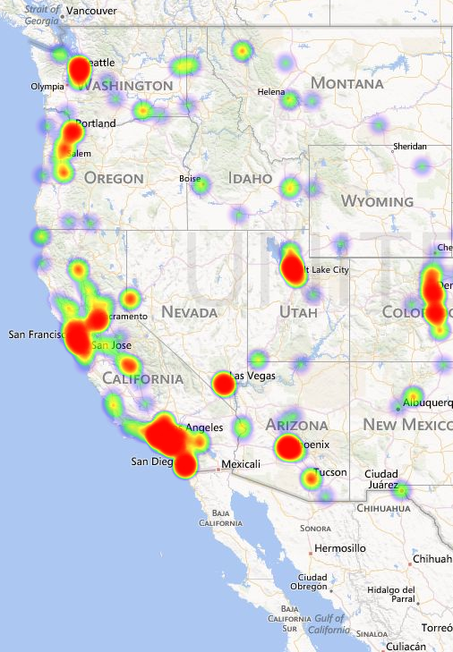A choropleth map of the Western United States with geographic areas marked in various shades of blue green yellow and red. The states included are Arizona California Colorado Idaho Montana Nevada New Mexico Oregon Utah Washington and Wyoming with portions of Northern Mexico visible (but not color-coded). There is no legend to explain the significance of the data but the "hottest" areas (marked in red) appear to correspond to major metropolitan areas (ex : San Francisco California).