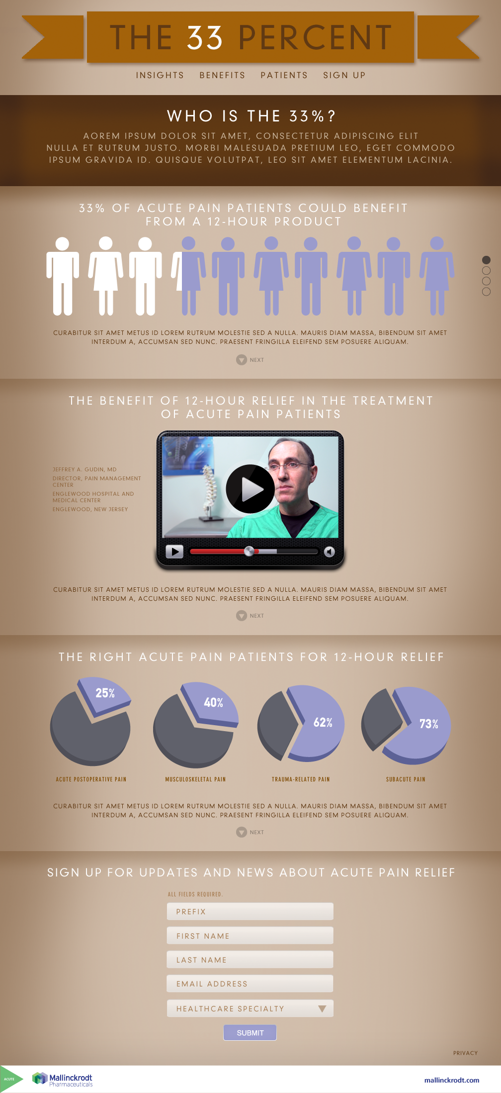 An infographic that explains the benefits of acute pain relief. It has a beige background with a yellow banner at the top that reads "The 33 Percent" in bold black letters. Below the banner there are three sections.<br /><br />The first section is titled "The Benefits of Acute Pain Relief in the Treatment" and has a picture of a person's face in the center. The person is wearing a green shirt and appears to be in pain. The second section has a pie chart that shows the percentage of people who have acute pain in the treatment. The third section has two pie charts that show the percentage for the right acute pain patients for 12-hour relief. The pie chart shows that the percentage is higher than the rest of the pie chart. The infographic also has a link to sign up for updates and news about acute pain relievers.