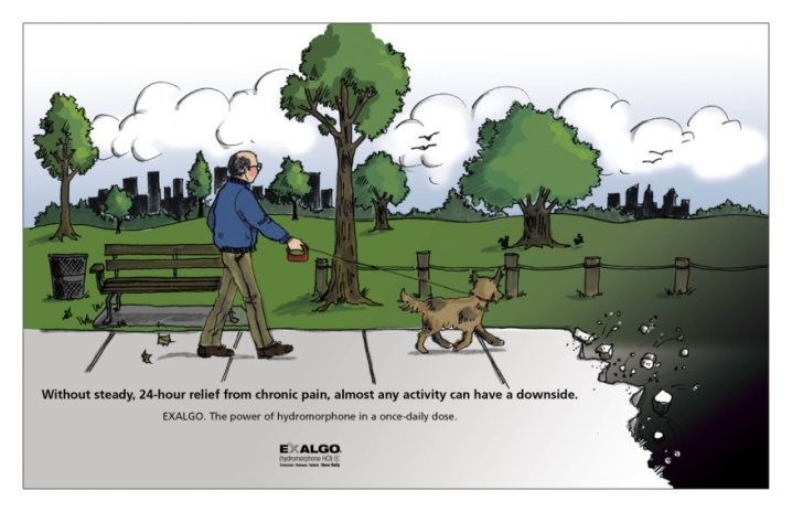 An illustrated advertisement for Exalgo with the taglines "Without steady 24-hour relief from chronic pain almost any activity can have a downside" and "Exalgo : The power of hydromorphone in a once-daily dose". The advertisement is drawn as a cartoon where a middle-aged man is walking his dog in the park blissfully unaware that he may be about to plunge into a chasm when the sidewalk ends a few short steps away. Includes the logo of Exalgo at the bottom.