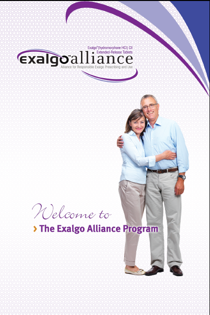 A cover page of a brochure or flyer for the Exalgo Alliance Program. It features a photo of a man and a woman standing side by side with their arms around each other. The man is wearing a blue shirt and khaki pants while the woman has her arms around the man's waist. They are both smiling and looking at the camera. The background is white with a purple wave-like design on the top left corner. Below the photo there is text that reads "Welcome to The Exalgo Alliance Program" in a bold sans-serif font. The overall design is simple and modern with a focus on the couple and the text.